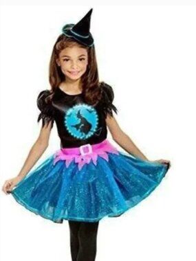 Witch Light Up Halloween Costume 8/10 Moon Fiber Optic Blue Dress & Hat Girls